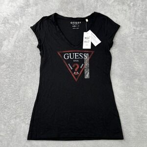 Guess Logo Graphic V-Neck Tee Small Black Womens Streetwear Slim Fit Shirt